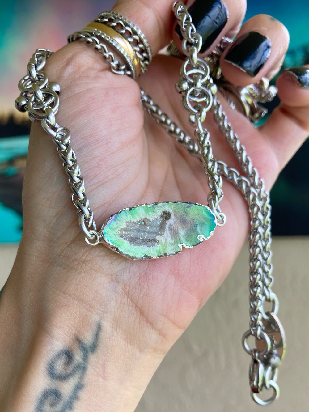 Druzy geode agate slice Celtic knot handmade boho silver necklace